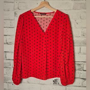 SHEIN Red V-Neck Blouse Black Polka Dots Long Sleeve Top Size XL